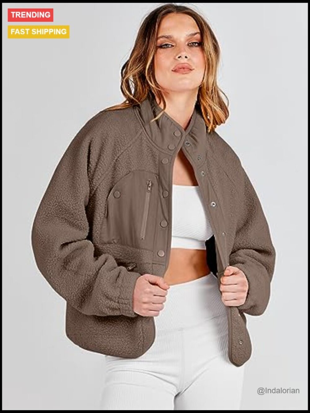 Fleece Jacket Long Sleeve Cropped Sherpa Button Down Shacket With Pockets - Picture 2 of 7